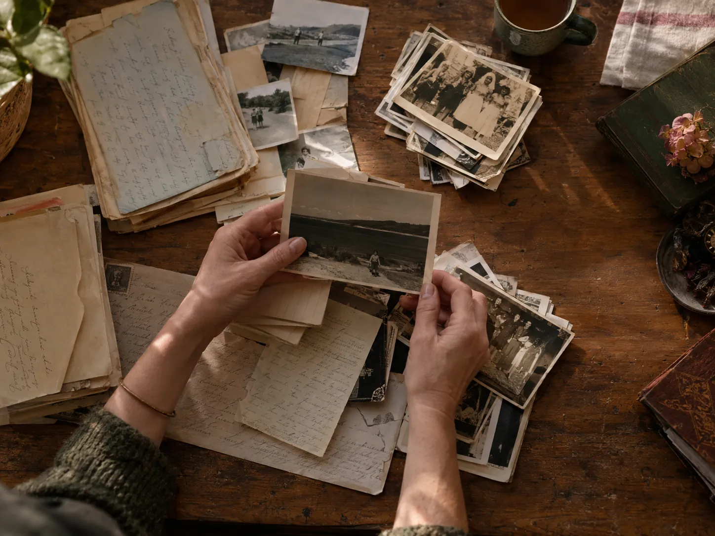 A pair of hands sorting old photographs and handwritten notes on a wooden table.