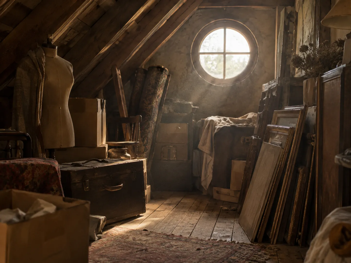 An attic with slanted beams and a round window, boxes, a suitcase and a dress form in the light.