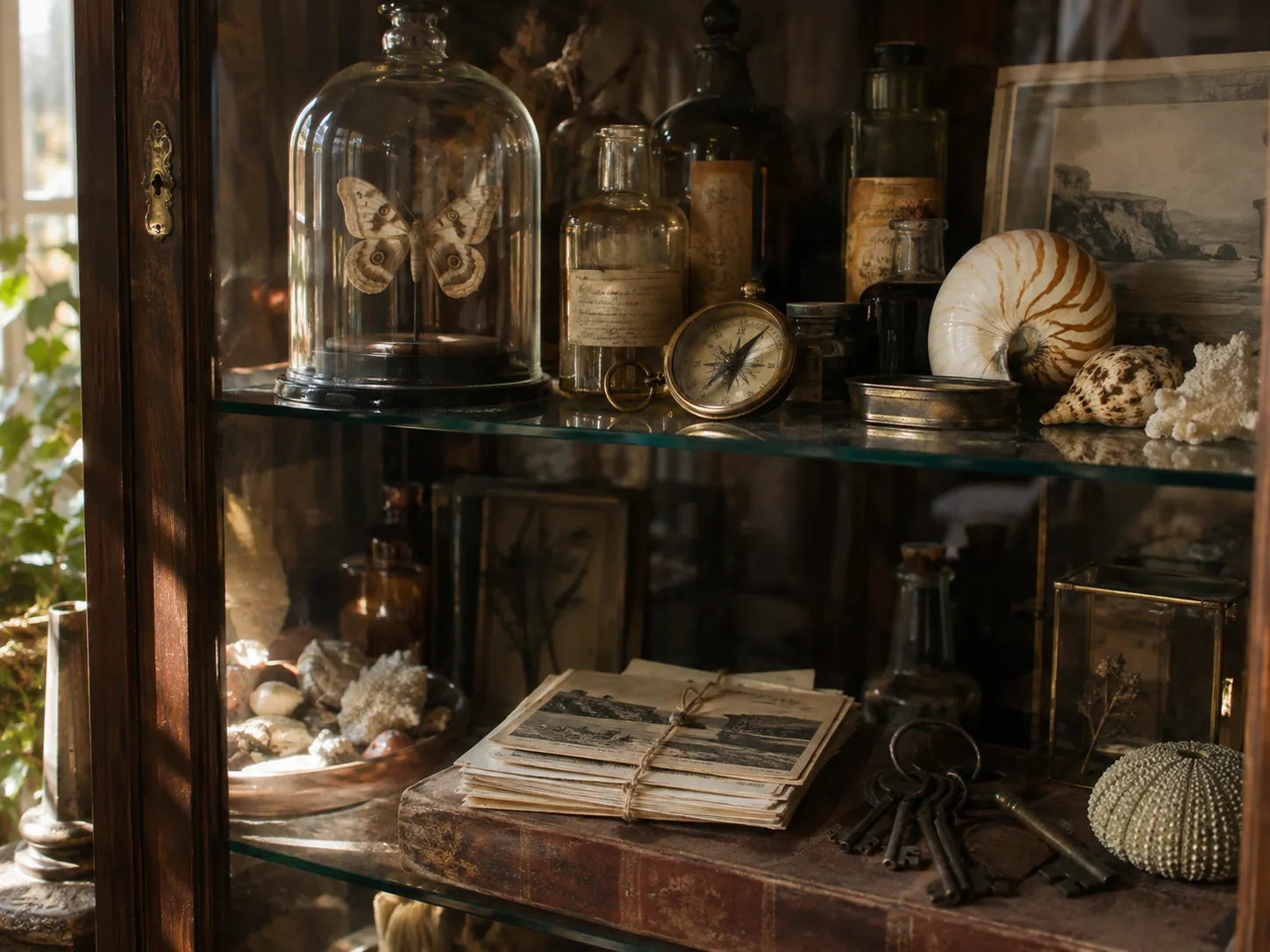 A glass cabinet with a bell jar holding a moth, old keys, a compass, bottles and seashells.