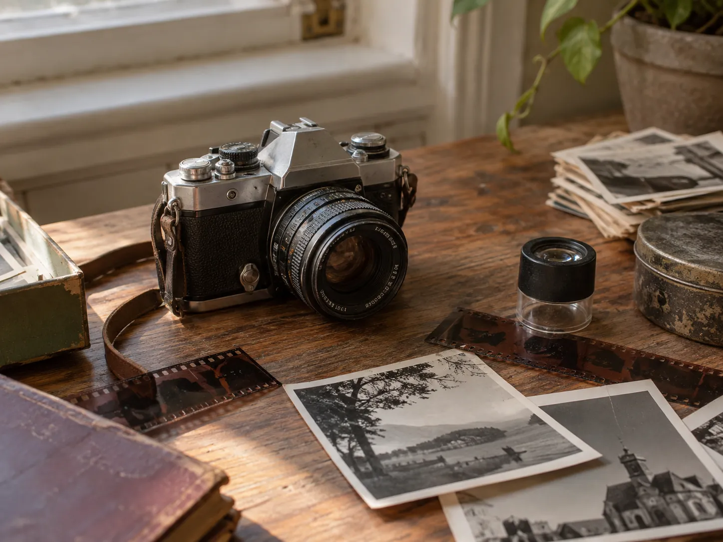A film camera on a table with black and white prints and strips of negatives.