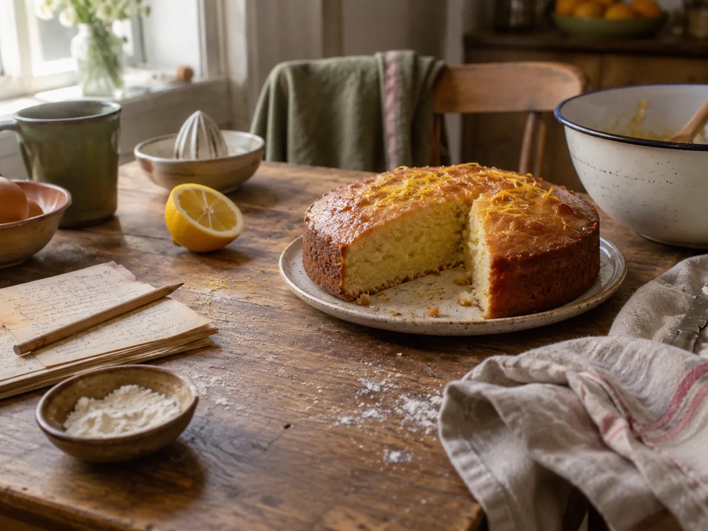 A cake with one slice cut, a handwritten recipe card and a lemon on a wooden kitchen table.