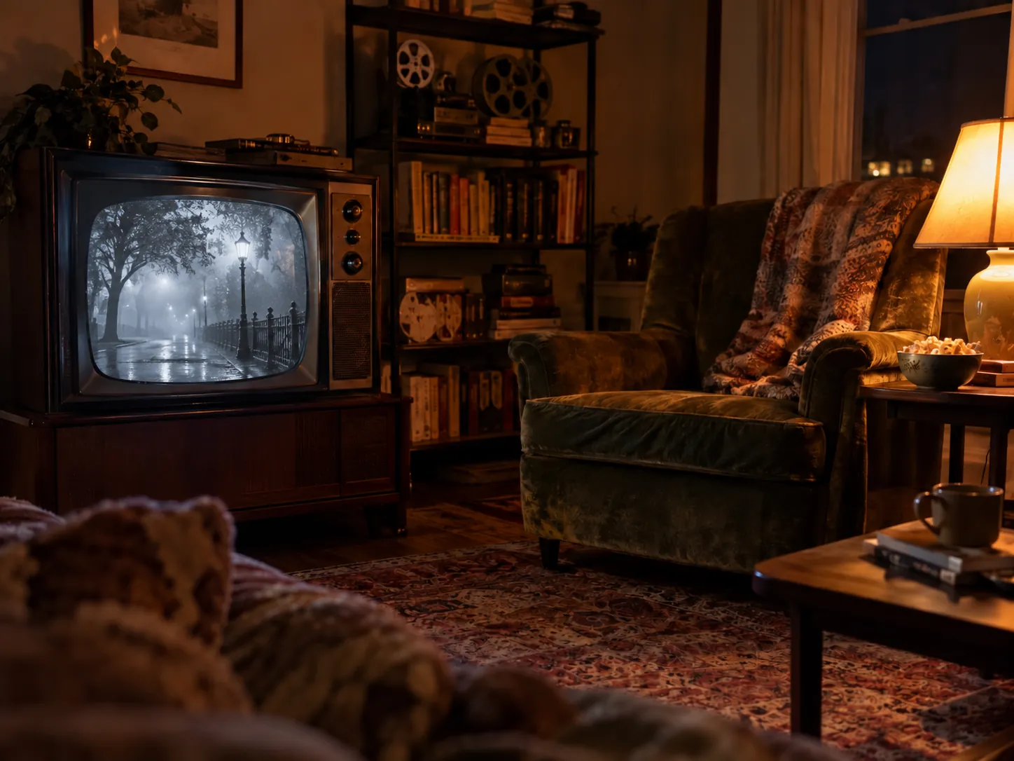 A vintage television glowing beside a velvet armchair in a lamplit living room.