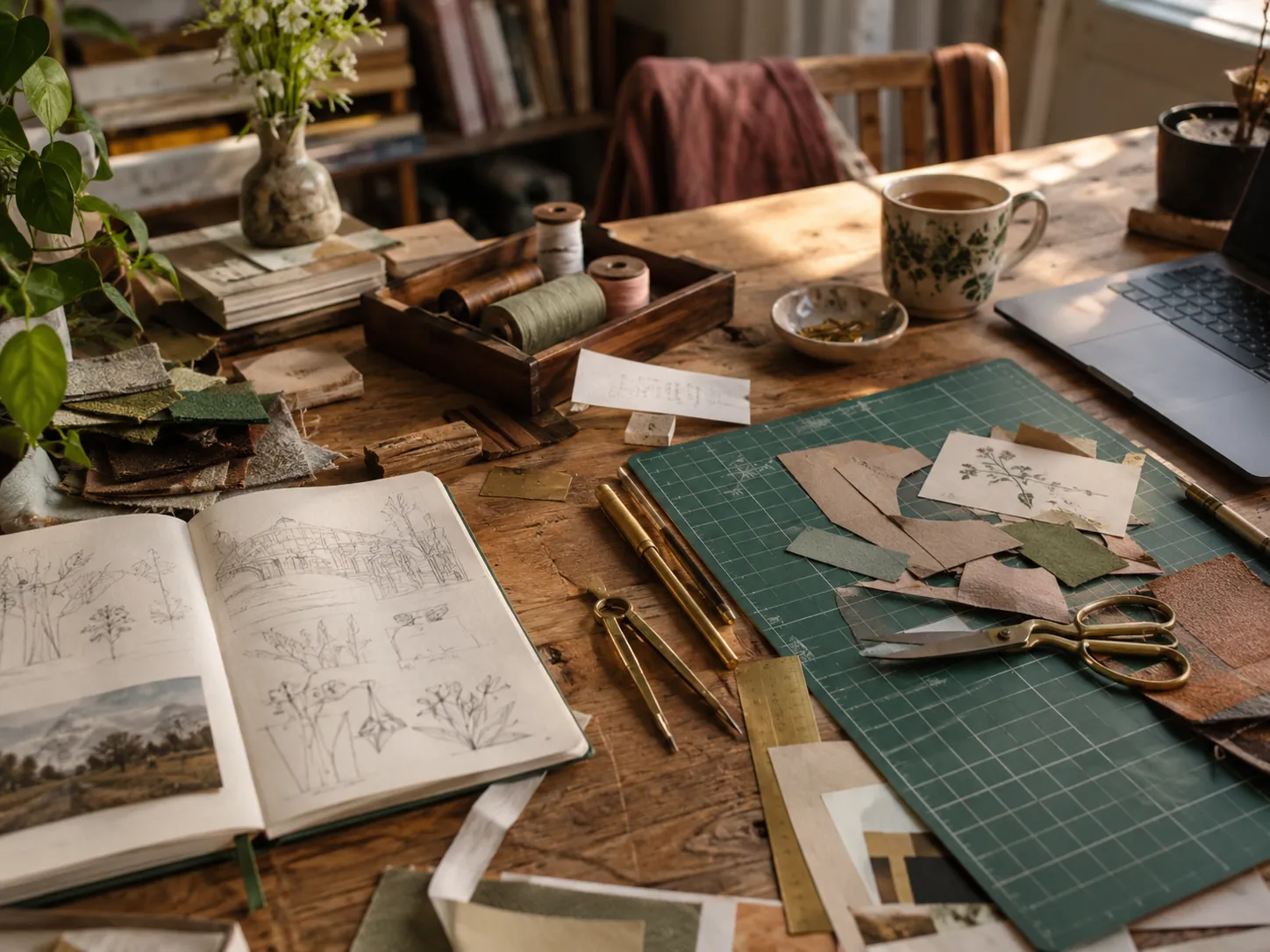 A work table with an open sketchbook, a cutting mat, scissors and spools of thread.