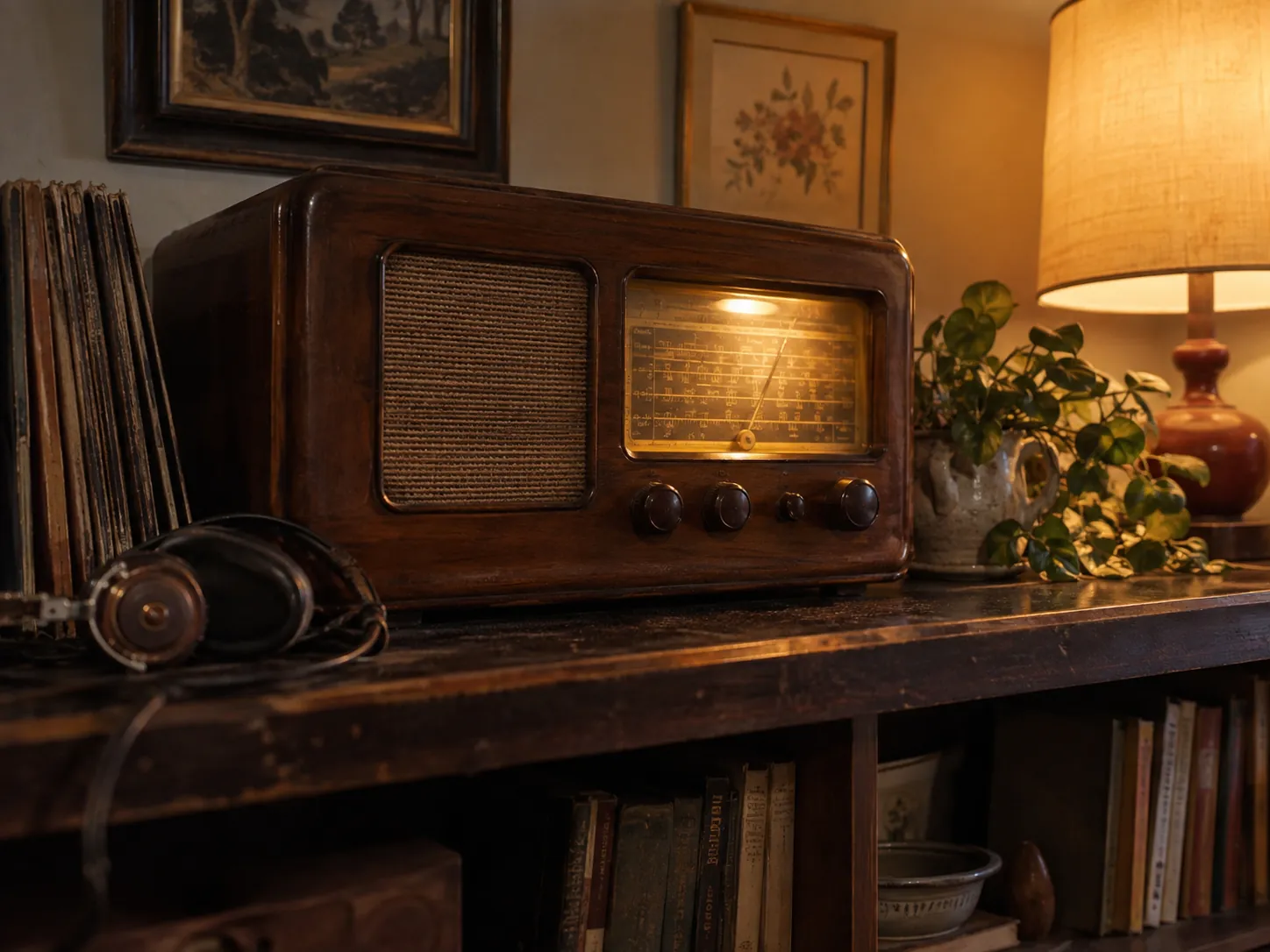 A 1940s wooden radio on a shelf, its dial lit, with headphones, records and a lamp.